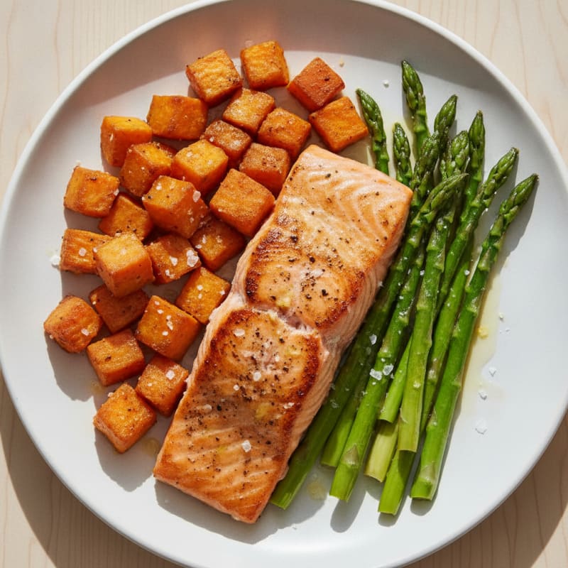 Seared Salmon Fillet with Roasted Sweet Potato and Asparagus