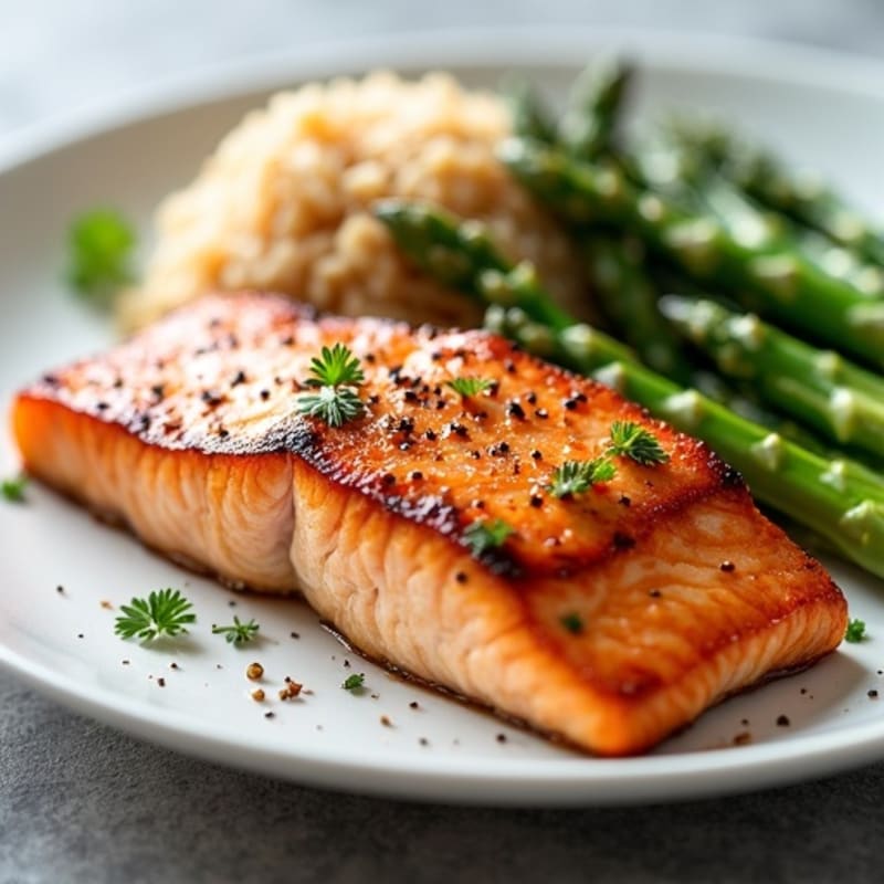 Seared Salmon with Steamed Asparagus and Brown Rice