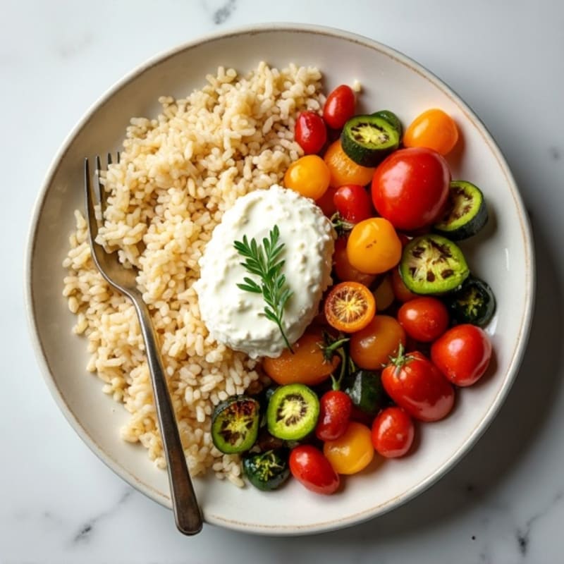 Roasted Summer Vegetables with Fluffy Rice and Creamy Cottage Cheese