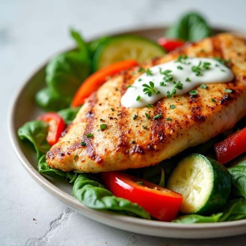 Spiced Pan-Seared Chicken with Fresh Veggies and Creamy Lemon-Garlic Dressing