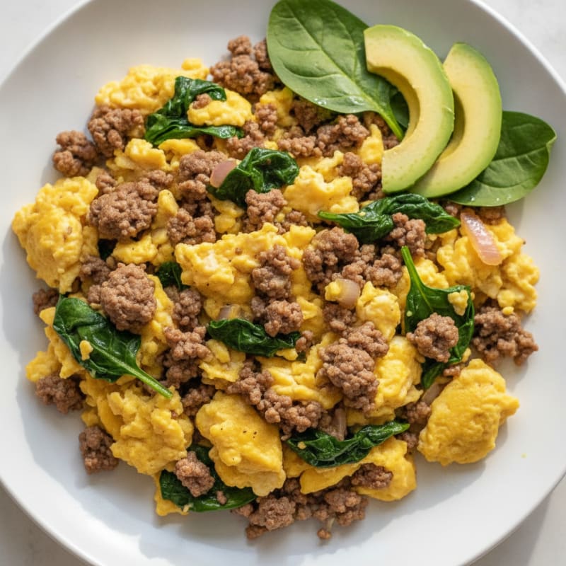 Scrambled Eggs with Lean Ground Beef and Spinach