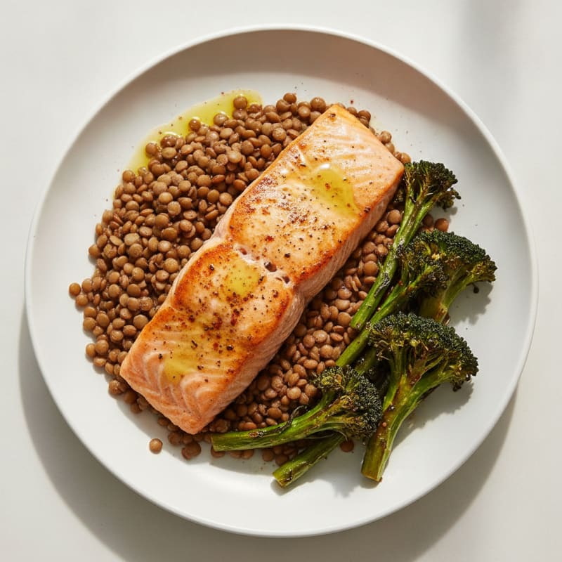 Seared Salmon with Roasted Broccoli and Lentils