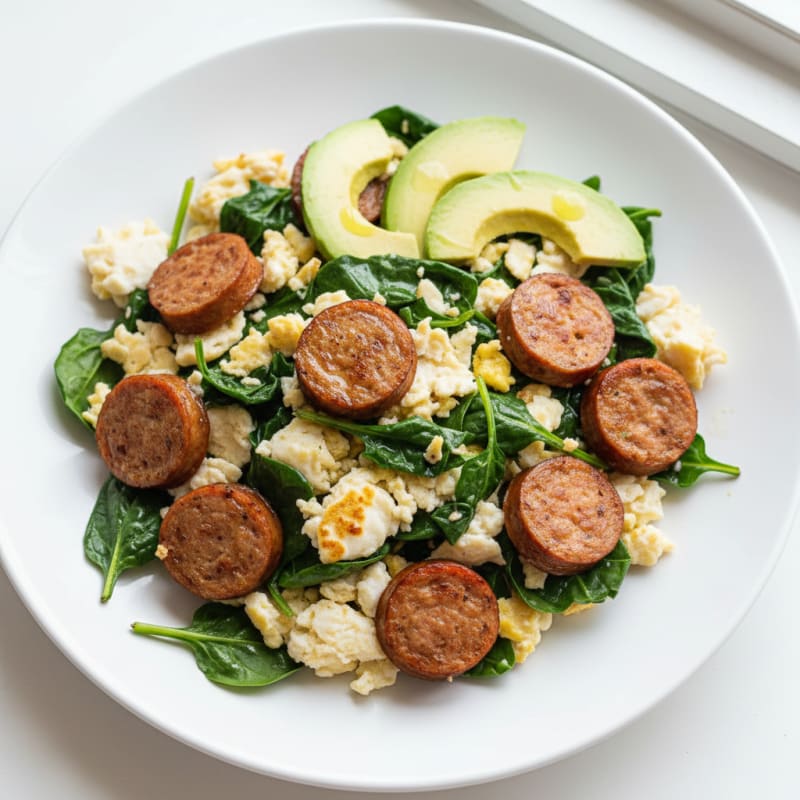 Egg White Spinach Scramble with Turkey Sausage