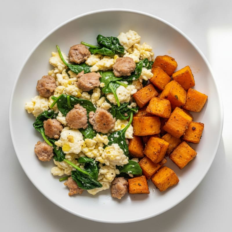 Egg White and Turkey Sausage Scramble with Spinach and Roasted Sweet Potato