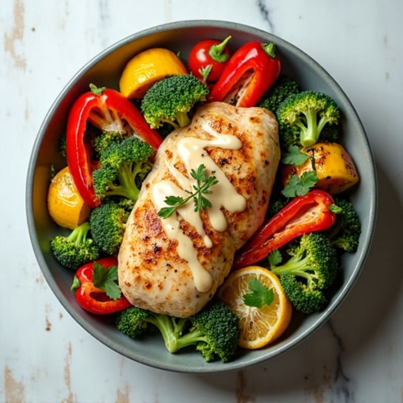Fresh Herb-Roasted Chicken and Vegetable Bowl with Lemon Tahini Drizzle