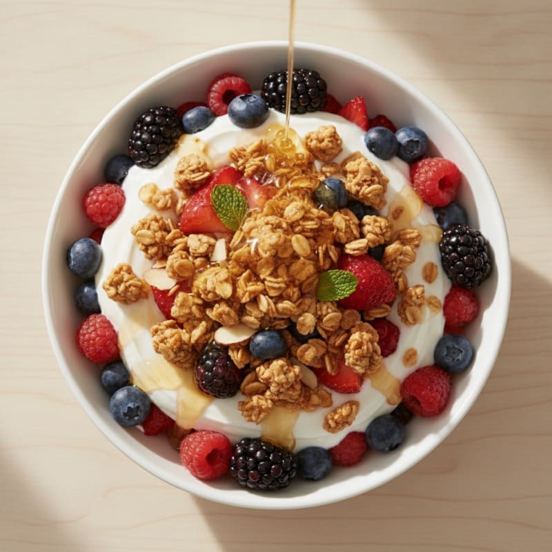 Greek Yogurt Parfait with Mixed Berries and Crunchy Almond Granola