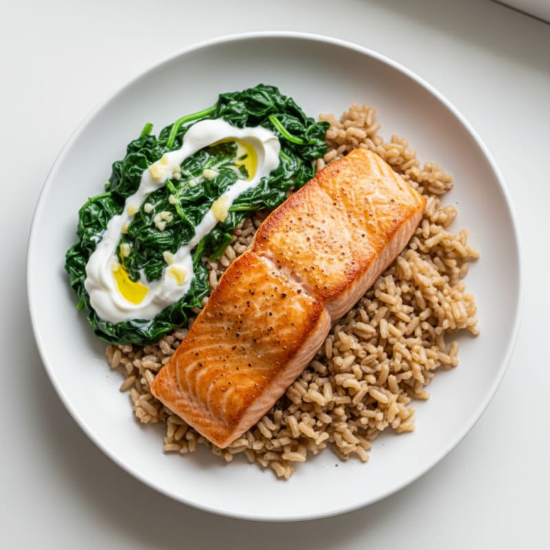 Seared Salmon with Creamy Garlic Spinach and Brown Rice