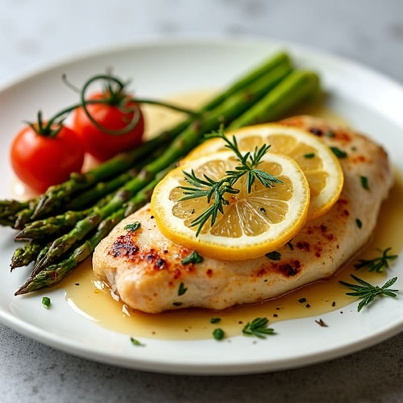 Lemon Herb Roasted Chicken with Crispy Asparagus and Cherry Tomatoes
