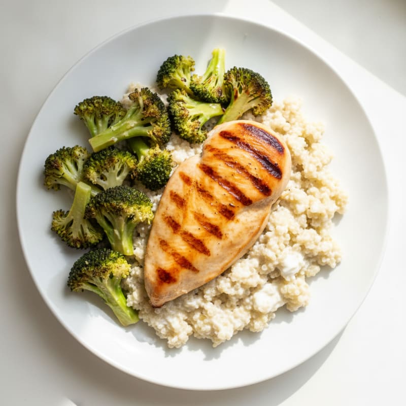 Grilled Chicken Breast with Creamy Quinoa and Roasted Broccoli