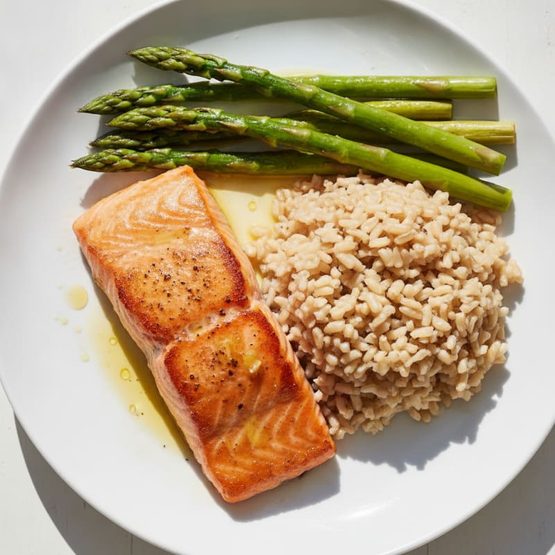 Seared Salmon with Steamed Asparagus and Brown Rice