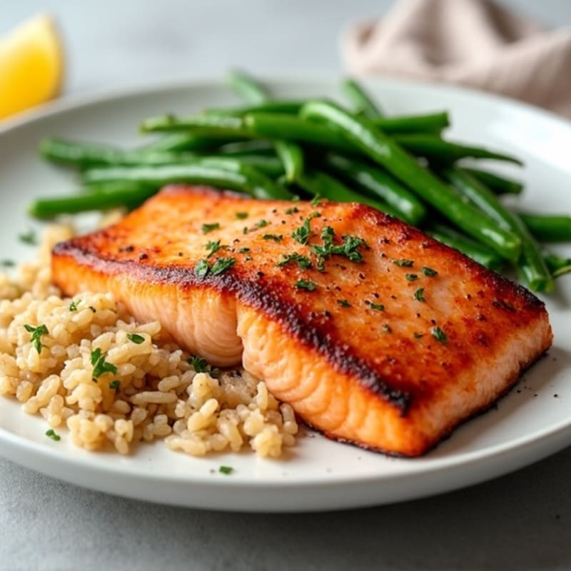 Seared Salmon Fillet with Steamed Green Beans and Brown Rice