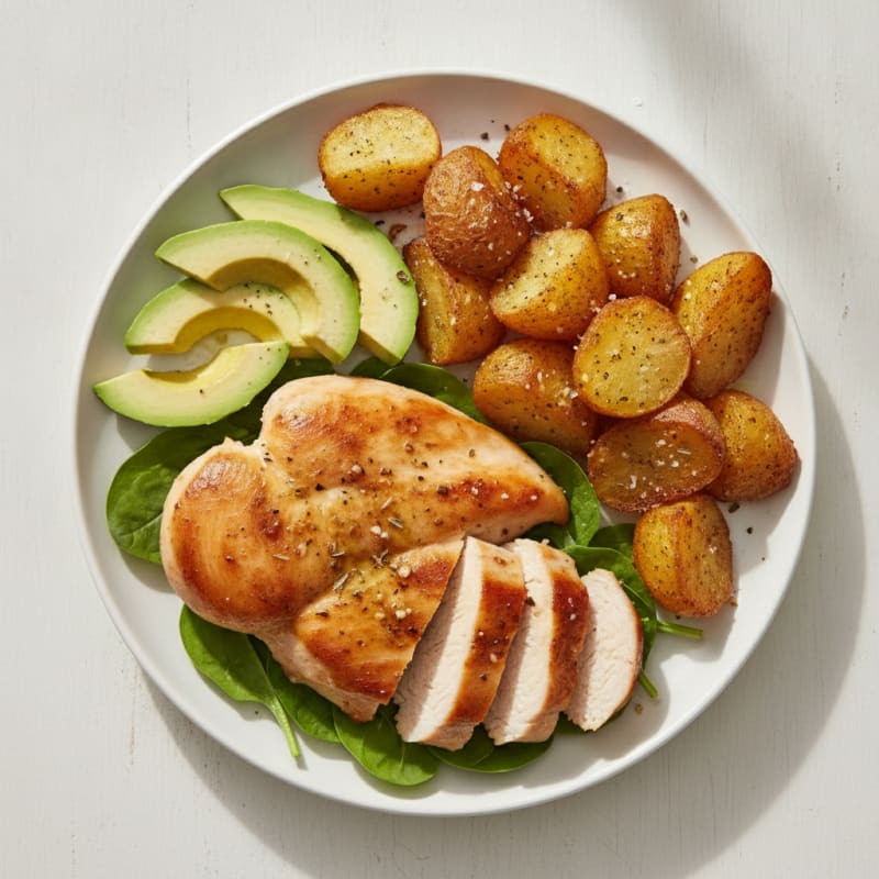 Pan-Seared Chicken with Roasted Potato and Avocado