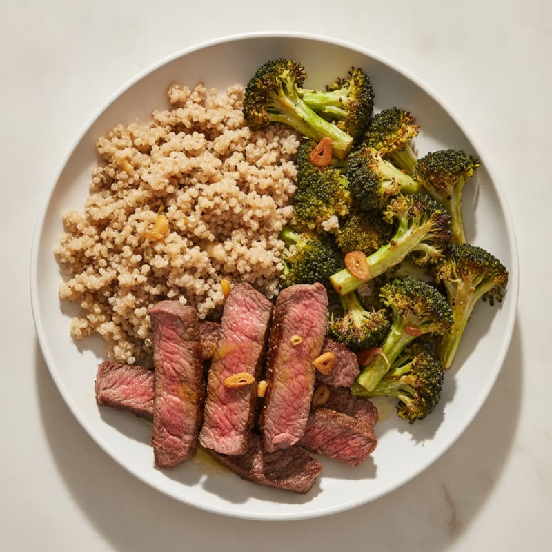 Seared Lean Beef Strips with Roasted Broccoli and Quinoa