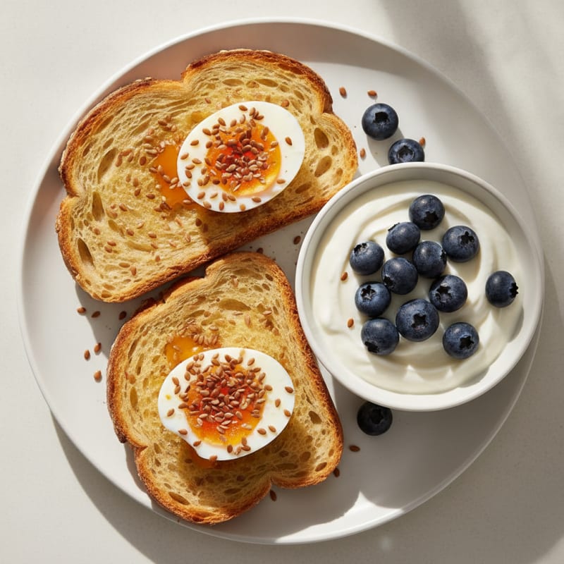 Egg and Flax Seed Sourdough Toast with Greek Yogurt and Berries