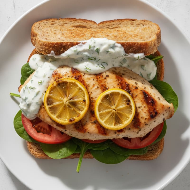 Grilled Chicken Breast Sandwich with Spinach and Tomato on Whole Grain Bread