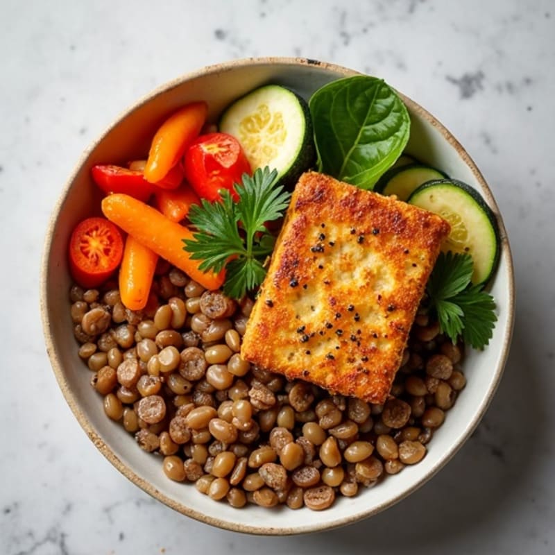 Crispy Tofu and Lentil Power Bowl with Roasted Vegetables