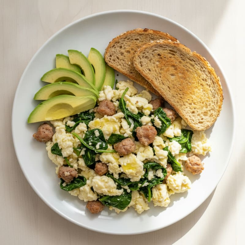 Egg White and Spinach Scramble with Turkey Sausage