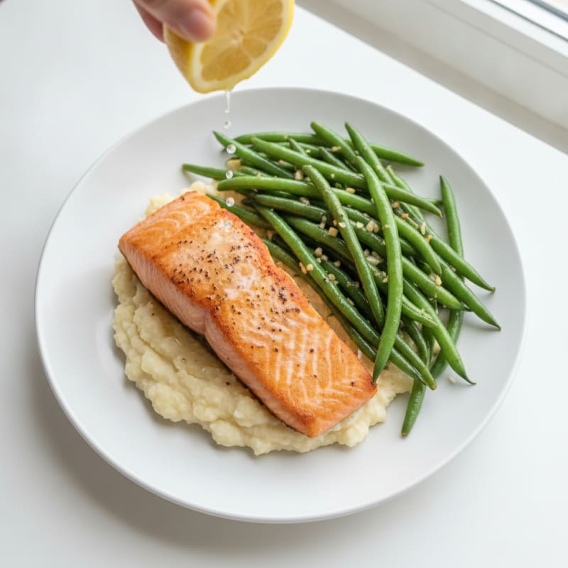 Seared Salmon with Garlic Green Beans and Cauliflower Mash