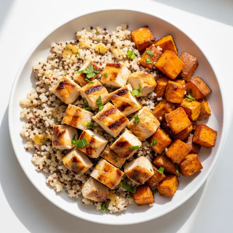 Grilled Chicken and Quinoa Bowl with Roasted Sweet Potato