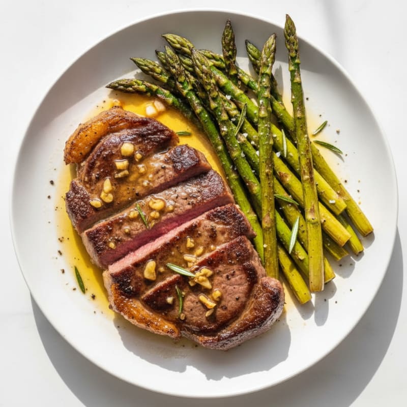 Pan-Seared Steak with Garlic Butter and Asparagus
