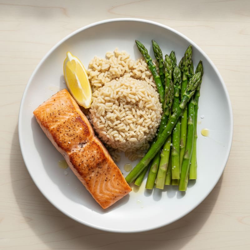 Seared Salmon with Steamed Asparagus and Brown Rice