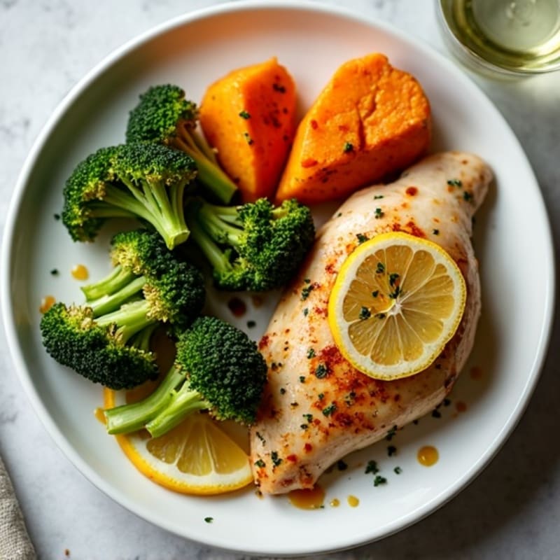 Sheet Pan Lemon Herb Roasted Chicken with Crispy Broccoli and Sweet Potatoes