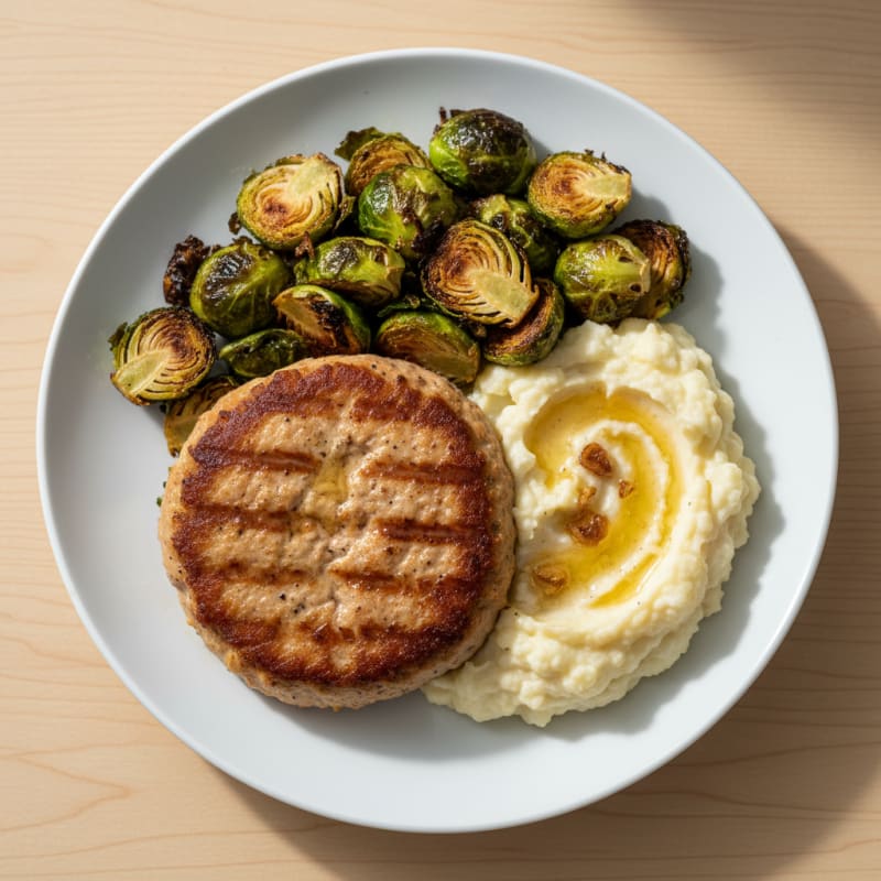 Seared Turkey Burger with Roasted Brussels Sprouts and Garlic Mashed Cauliflower