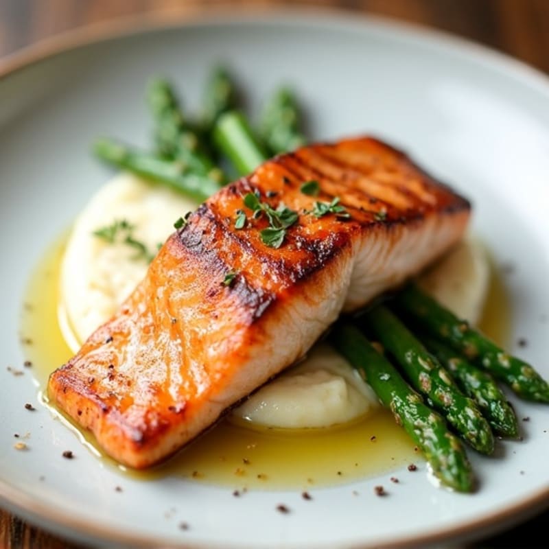 Seared Salmon with Steamed Asparagus and Cauliflower Mash