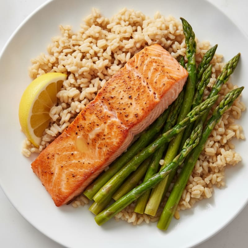 Seared Salmon with Steamed Asparagus and Brown Rice