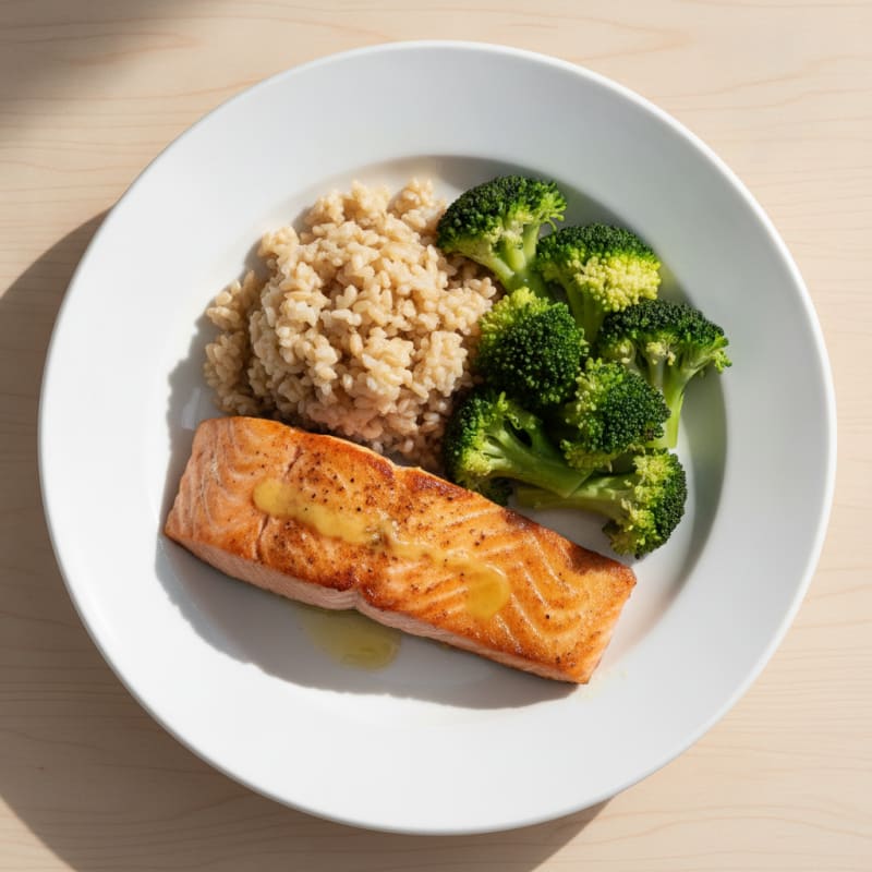 Seared Salmon with Steamed Broccoli and Brown Rice