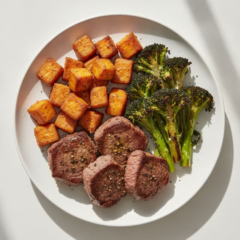 Seared Lean Beef with Roasted Broccoli and Sweet Potato