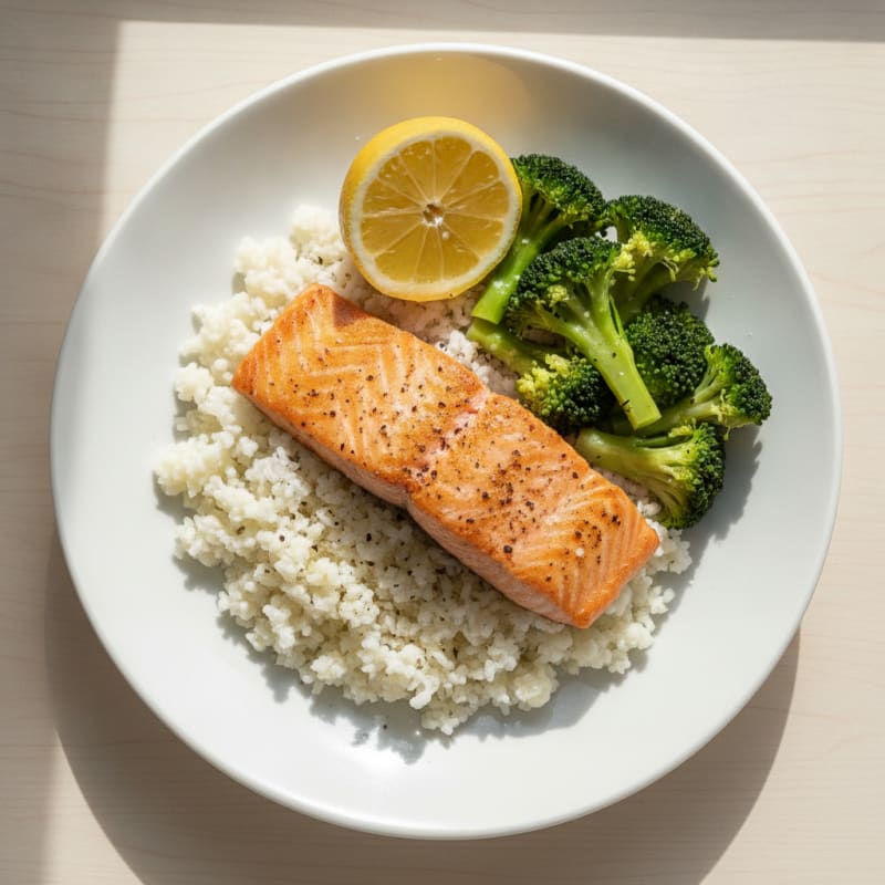 Seared Salmon with Steamed Broccoli and Cauliflower Rice
