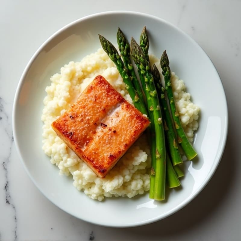 Seared Salmon Fillet with Steamed Asparagus and Cauliflower Mash
