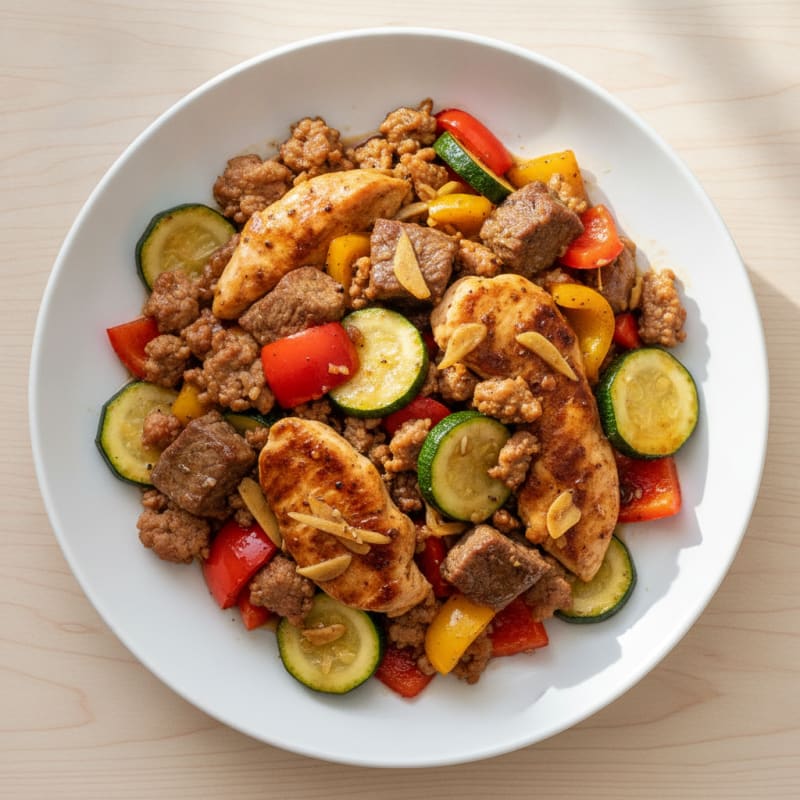 Savory Three-Meat Skillet with Garden Vegetables