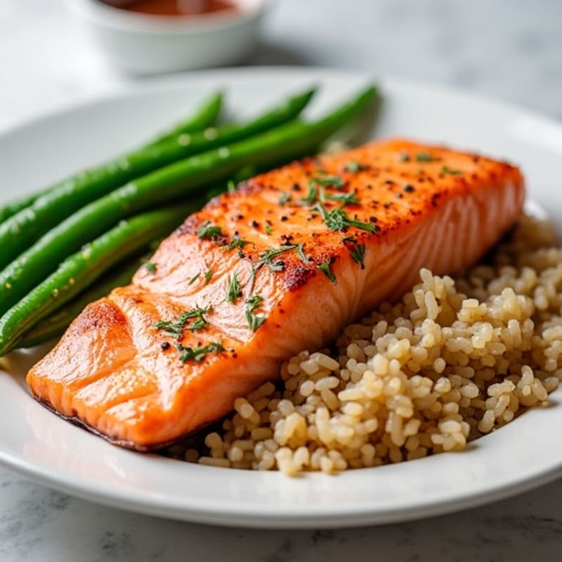 Seared Salmon Fillet with Steamed Green Beans and Brown Rice