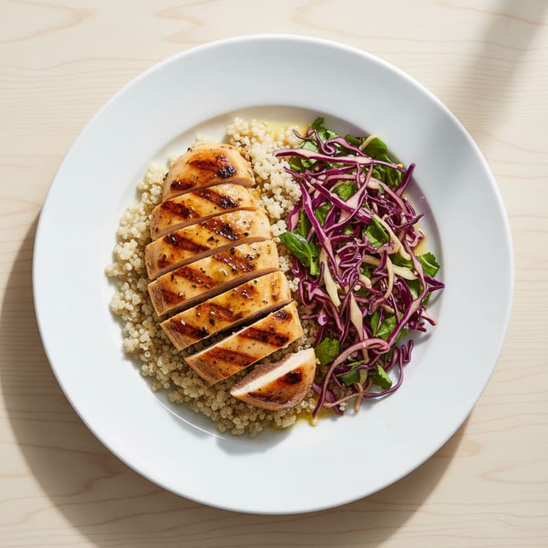 Grilled Chicken Breast with Crunchy Cabbage Slaw and Quinoa