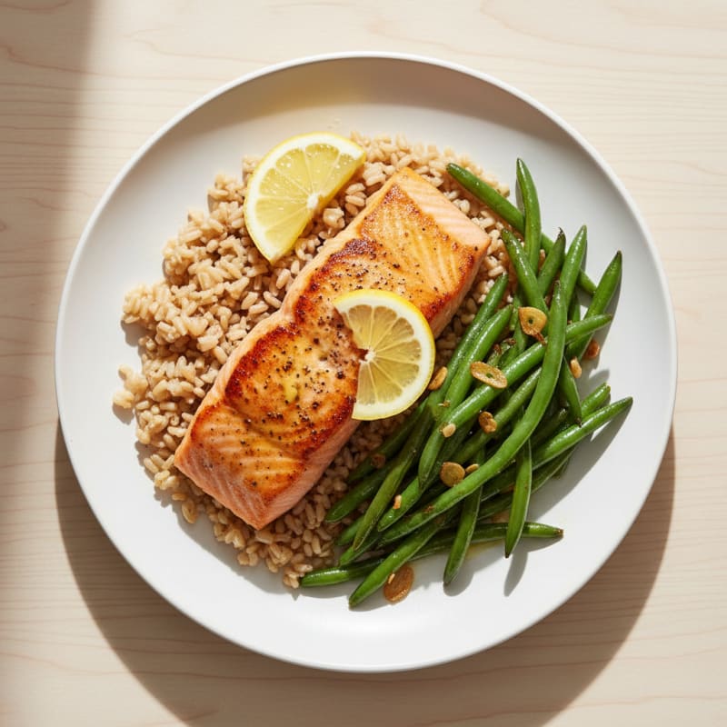 Seared Salmon Fillet with Garlic Green Beans and Brown Rice