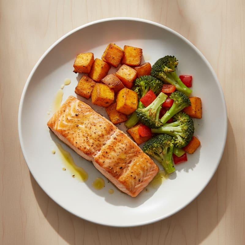 Seared Salmon with Roasted Sweet Potatoes and Mixed Vegetables
