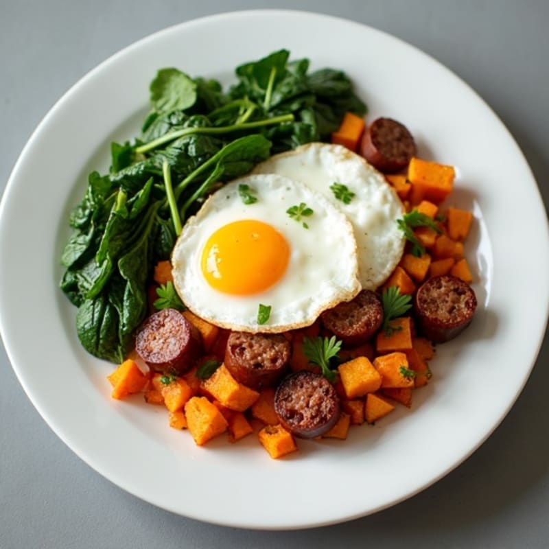 Sweet Potato Hash with Sunny-Side Up Eggs and Sautéed Greens