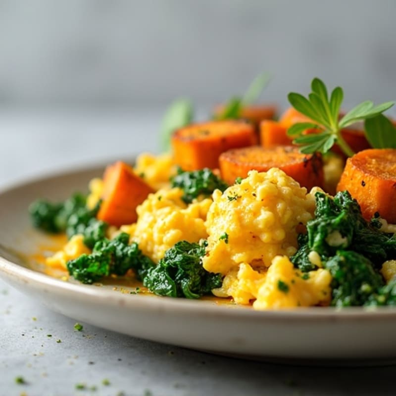 Fluffy Egg Scramble with Fresh Spinach and Roasted Sweet Potato