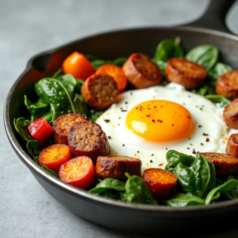 Lean Turkey Sausage and Egg Breakfast Skillet with Crispy Sweet Potatoes and Fresh Spinach