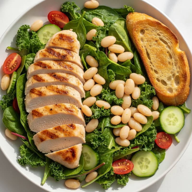 Grilled Chicken and Bean Salad with Mixed Greens and Baguette