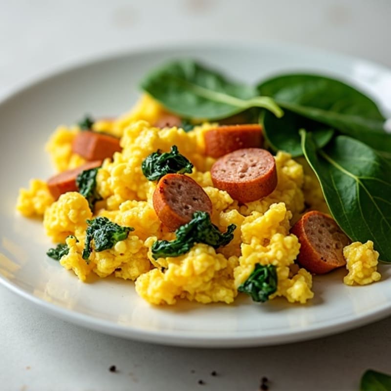 Scrambled Eggs with Turkey Sausage and Spinach