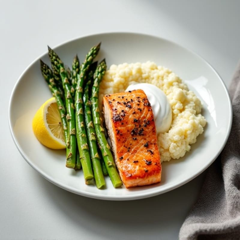 Seared Salmon Fillet with Steamed Asparagus and Cauliflower Mash