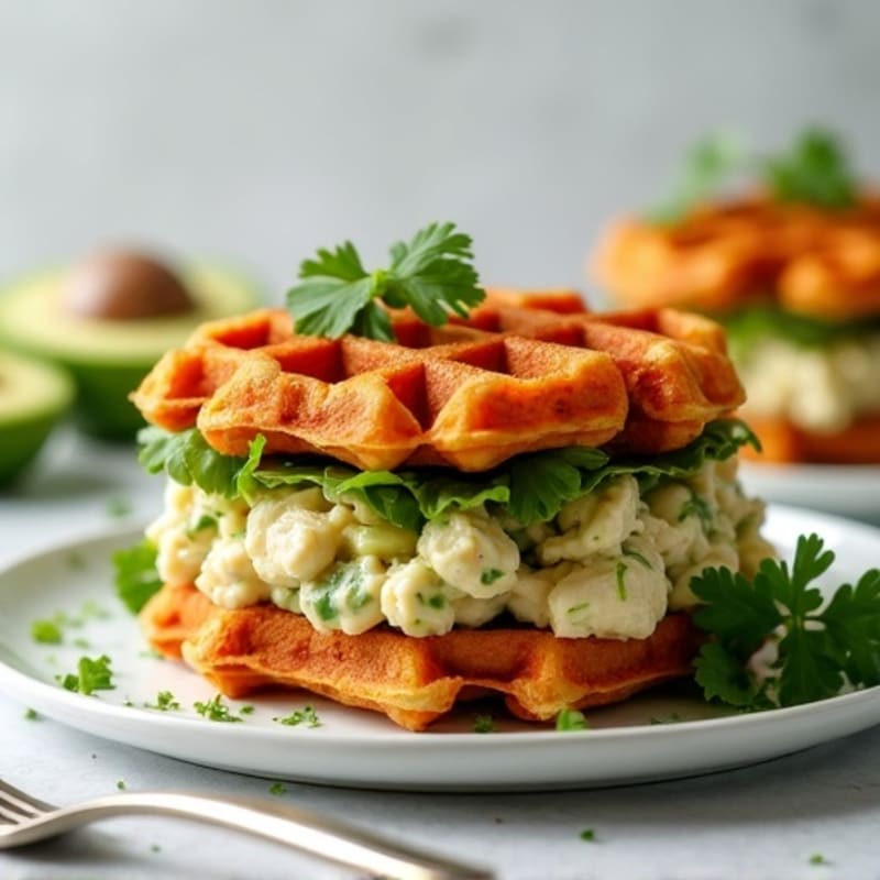 Crispy Sweet Potato Waffle Sandwiches with Creamy Avocado Chicken