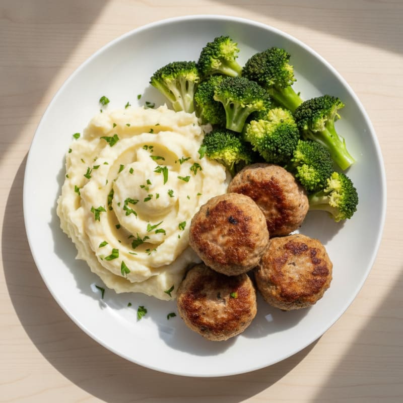 Seared Turkey Meatballs with Creamy Garlic Mashed Potatoes and Steamed Broccoli