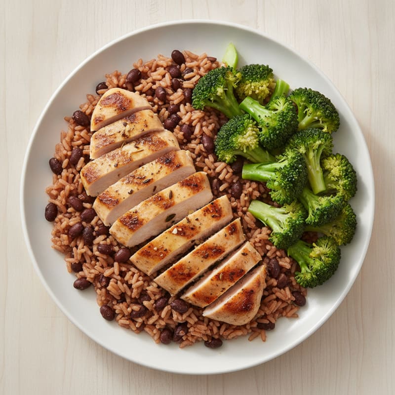 Grilled Chicken Breast with Brown Rice, Black Beans, and Steamed Broccoli