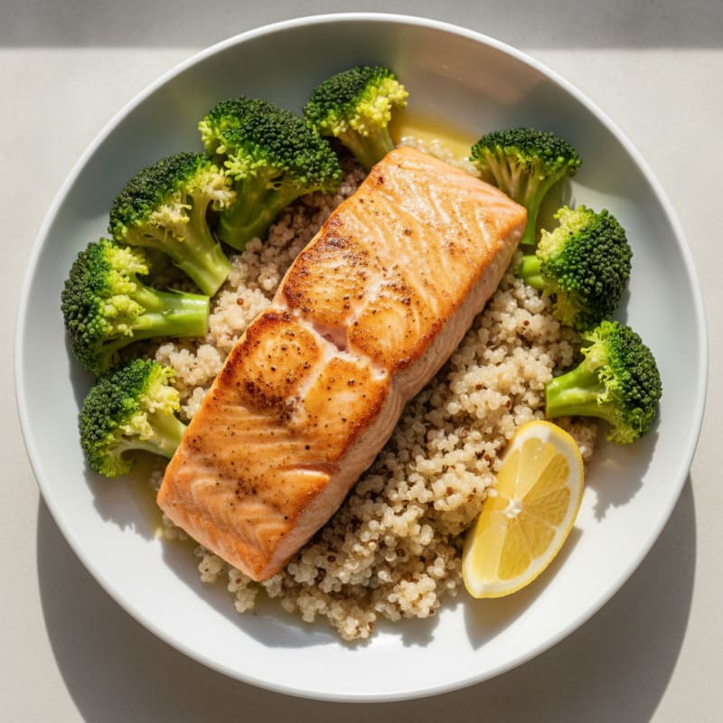Seared Salmon with Steamed Broccoli and Quinoa