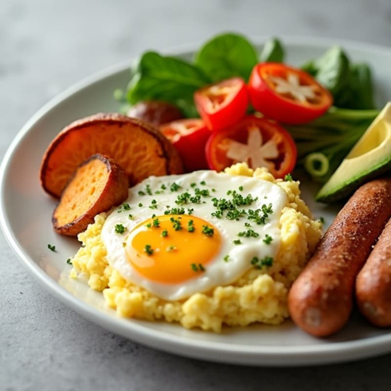 Crispy Turkey Sausage and Egg White Scramble with Roasted Sweet Potatoes