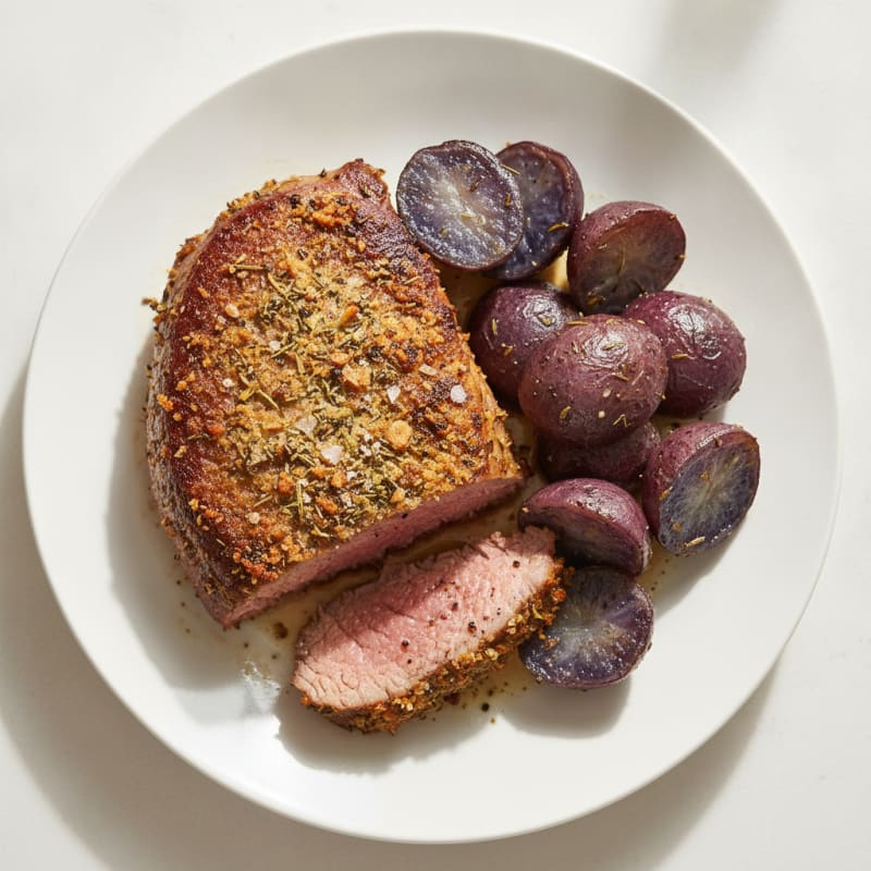Herb-Crusted Venison Roast with Purple Potatoes